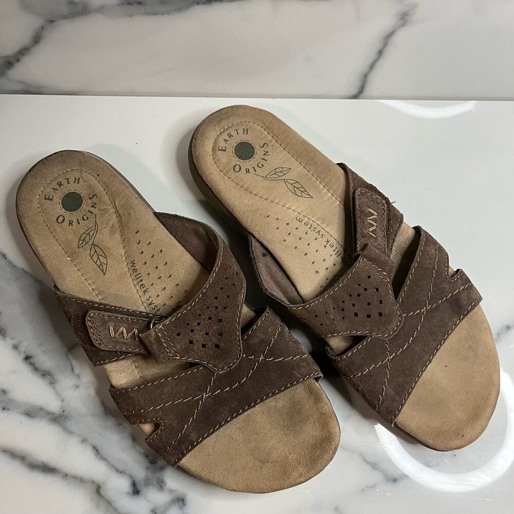 Earth Origins Wmns Brown Leather Hook & Loop Comfort Slides Shelby Sandals Sz 9
